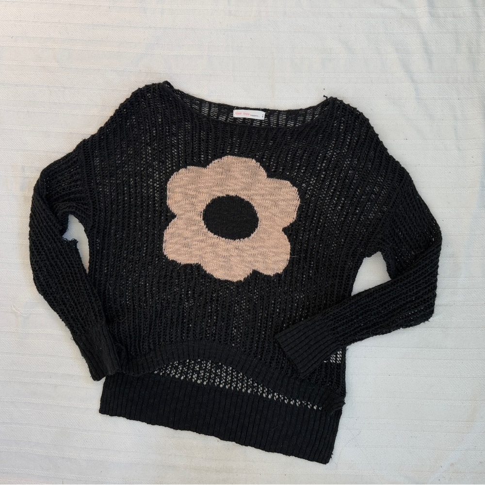 Love Tree Black Sweater with Cream Flower